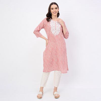 Women's Soft Rose Pink 100% Cotton Round Neck Straight Kurta