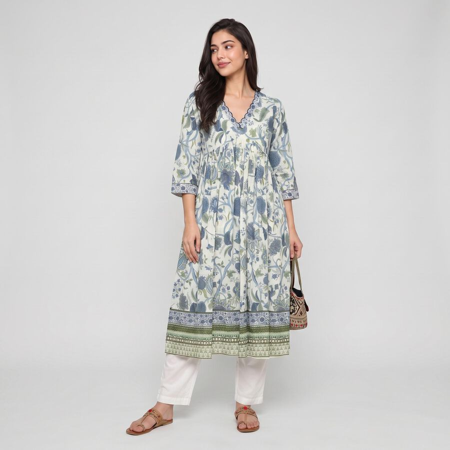 Women's Light Blue Cotton V-Neck Floral Printed Kurta, Light Blue, large