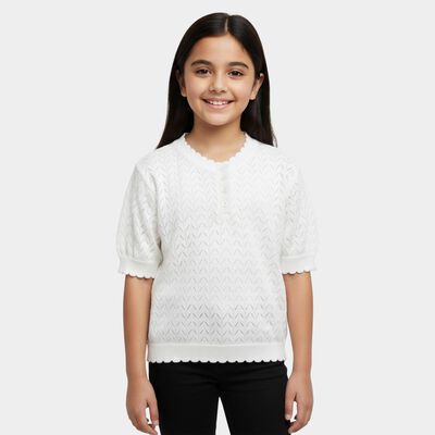 Girls' White Round Neck Casual T-Shirt