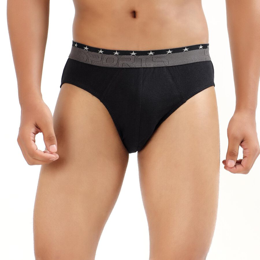 Men's Jet Black Regular Fit Sports Waistband Briefs, Black, large image number null