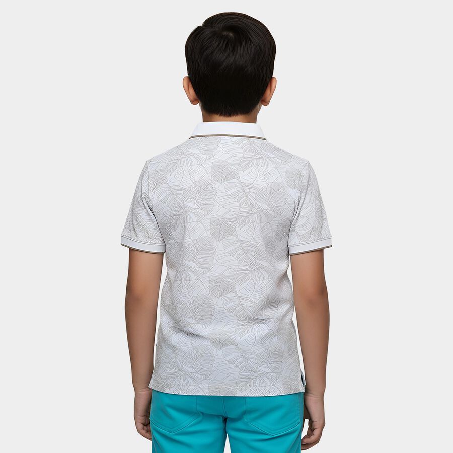 Boys' White Round Neck Printed T-Shirt, White, large