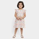 Girls' Pink Floral Printed Ruffled Sleeve Frock, Pink, small
