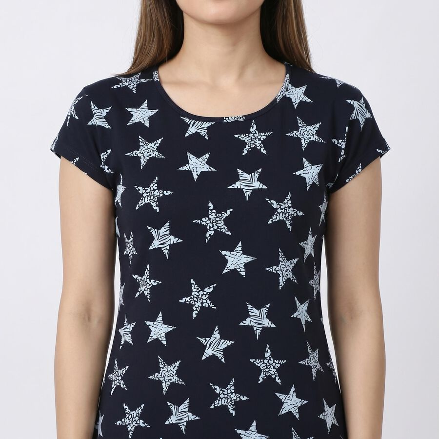 Women's Navy Blue Round Neck T-Shirt Style Nighty, Navy Blue, large
