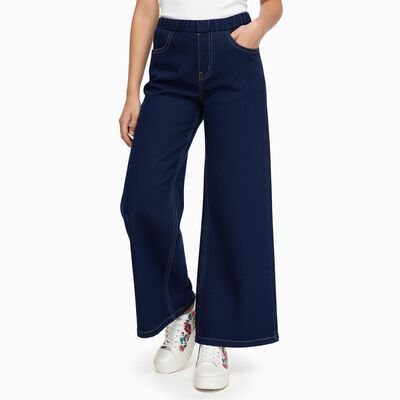 Girls' Deep Indigo Wide-Leg High Waist Jeans