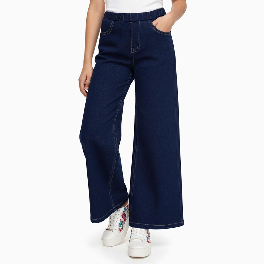 Girls' Deep Indigo Wide-Leg High Waist Jeans, गहरा नीला, large