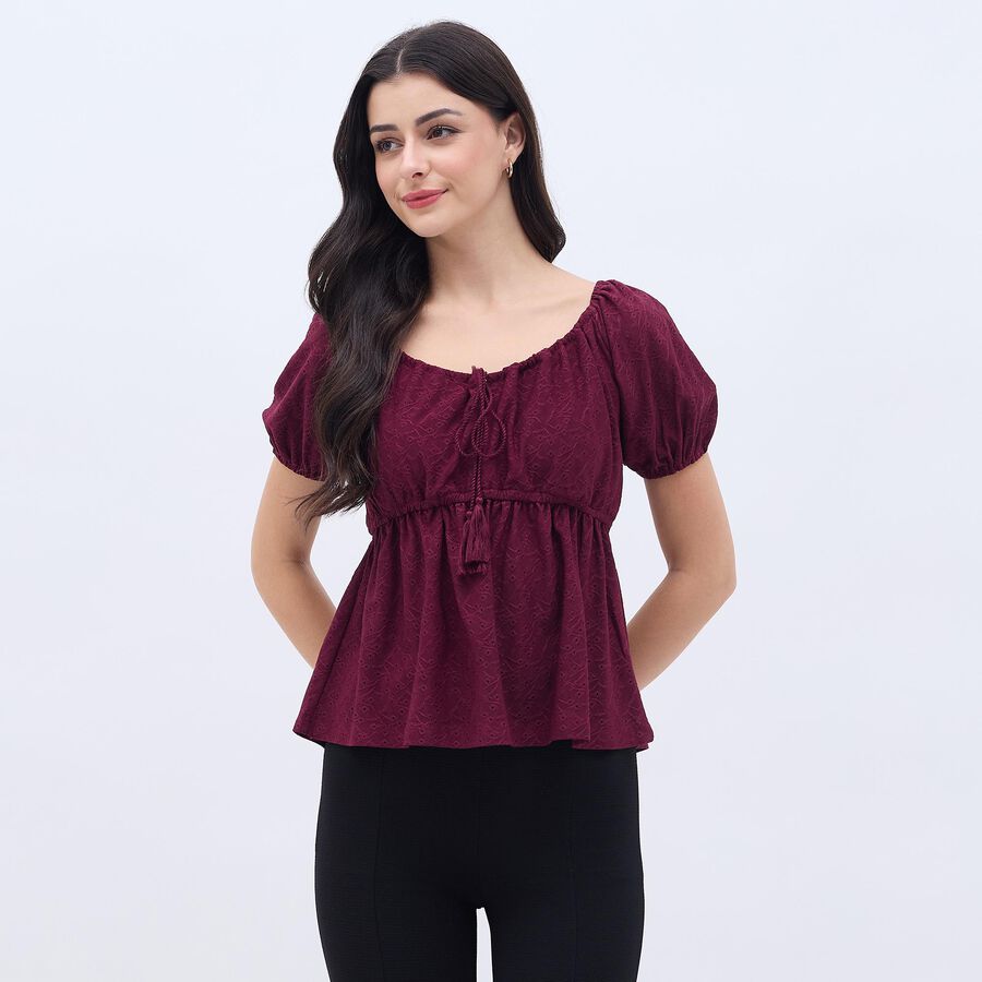 Women's Rich Burgundy Scoop Neck Bohemian Top, Wine, large