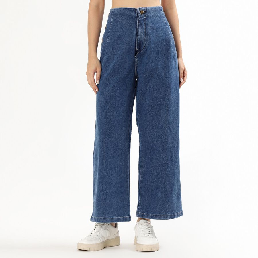 Women's Deep Indigo Wide-Leg High-Waist Jeans, मध्यम नीला, large image number null