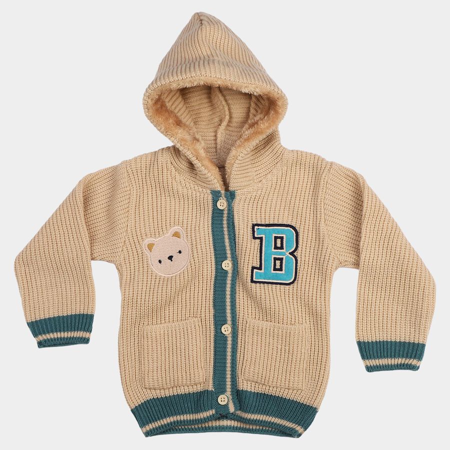 Infants Beige Hoodie Neck Knitted Design Pullover, गहरा पीला, large