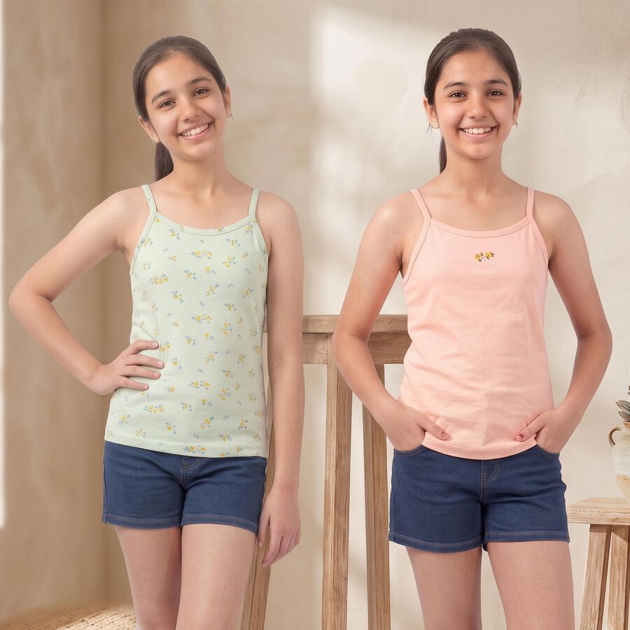 Girls' Mint Green Cotton Round Neck Sleeveless Vest, हल्का हरा, large