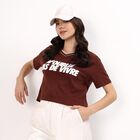 Women's Deep Brown Cotton V-Neck Casual Crop T-Shirt, Brown, small