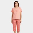 Women's Peach Round Neck Printed Night Suit, पीच, small