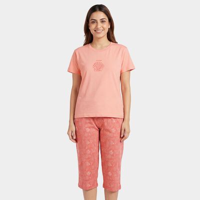 Women's Peach Round Neck Printed Night Suit