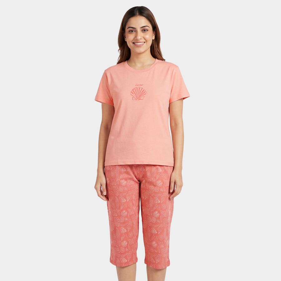 Women's Peach Round Neck Printed Night Suit, पीच, large