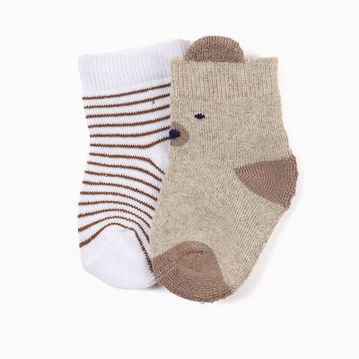 Infants Light Beige and White Regular Fit Bear and Striped Design Pack of 2 Socks