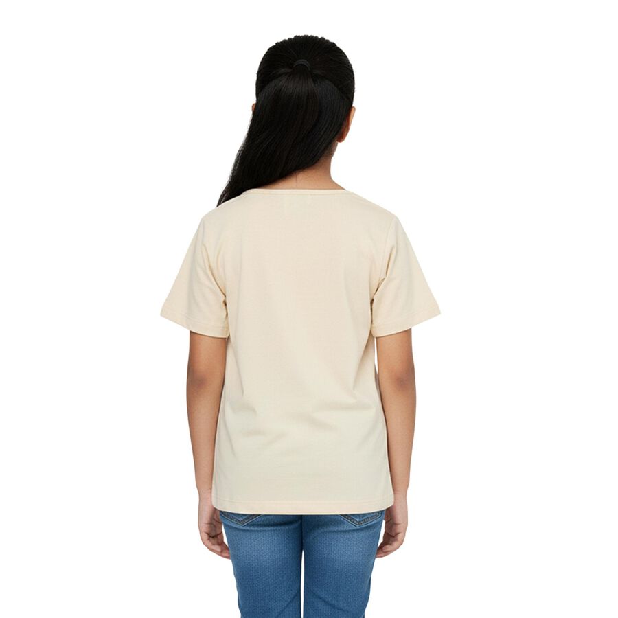 Girls' Beige Cotton Round Neck Graphic T-Shirt, Beige, large