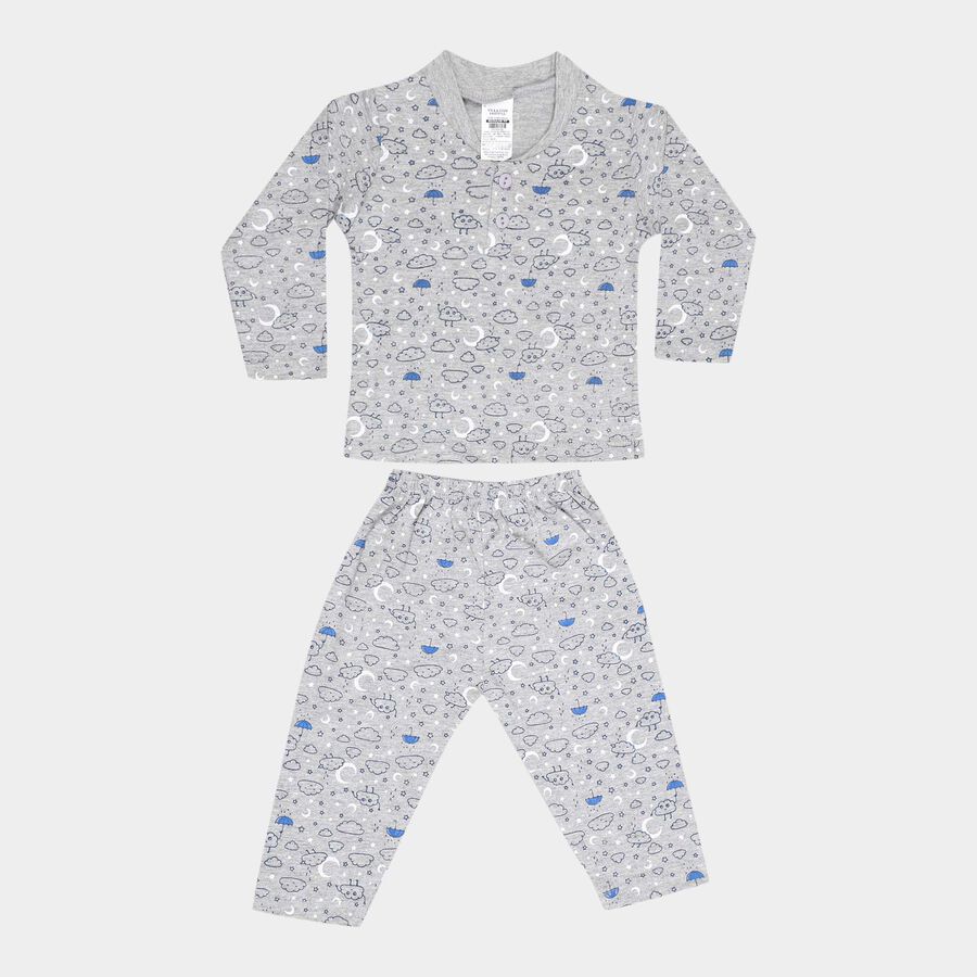 Infants Cotton Printed Night Suit, Melange Light Grey, large image number null