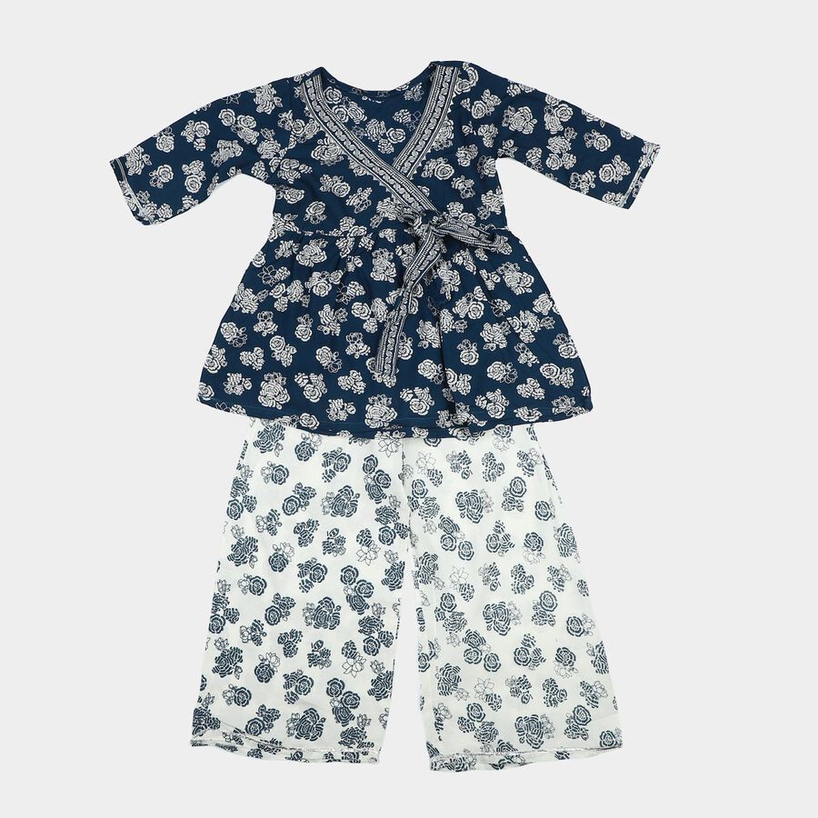 Girls Navy Blue V Neck Fusion Set Upper and Bottom Set, नेवी ब्लू, large