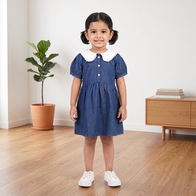 Girls' Blue Fit and Flare Lace Collar Frock