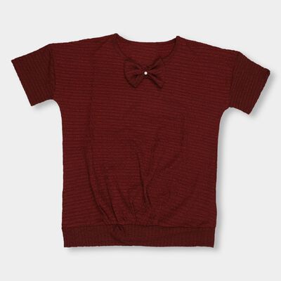 Girls' Deep Burgundy Round Neck Casual T-Shirt