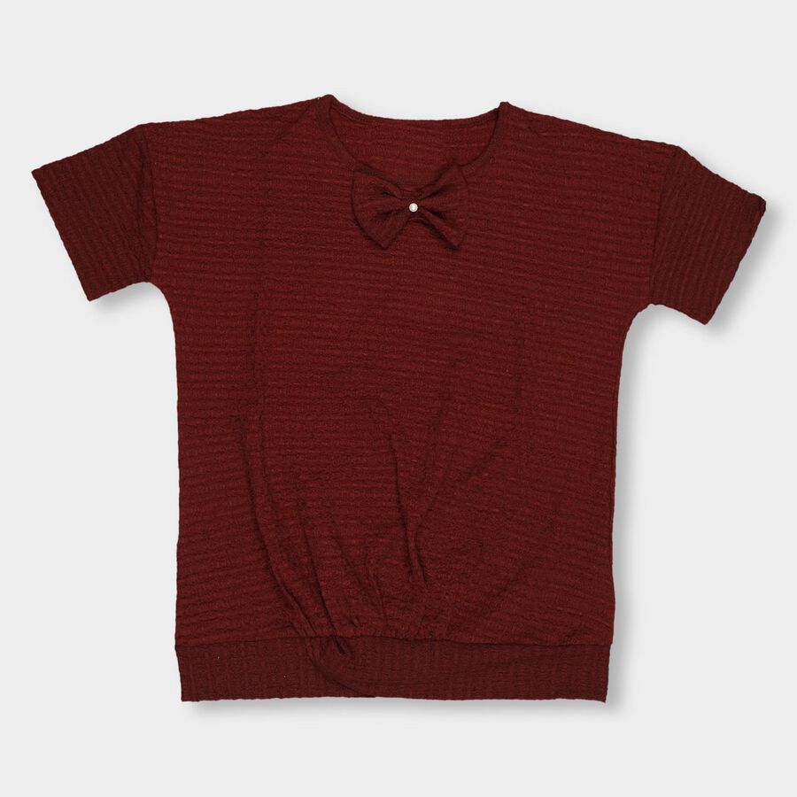 Girls' Deep Burgundy Round Neck Casual T-Shirt, Wine, large image number null