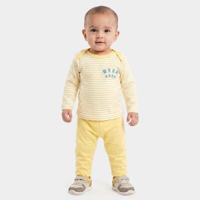 Infants' Yellow Cotton Round Neck Striped Baba Suit