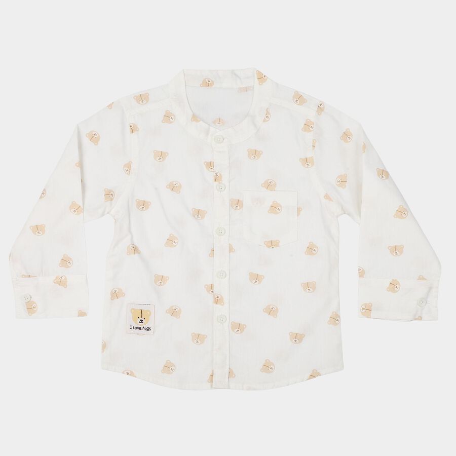 Infants Off White Cotton Long Sleeve Mandarin Collar Shirt, Off White, large
