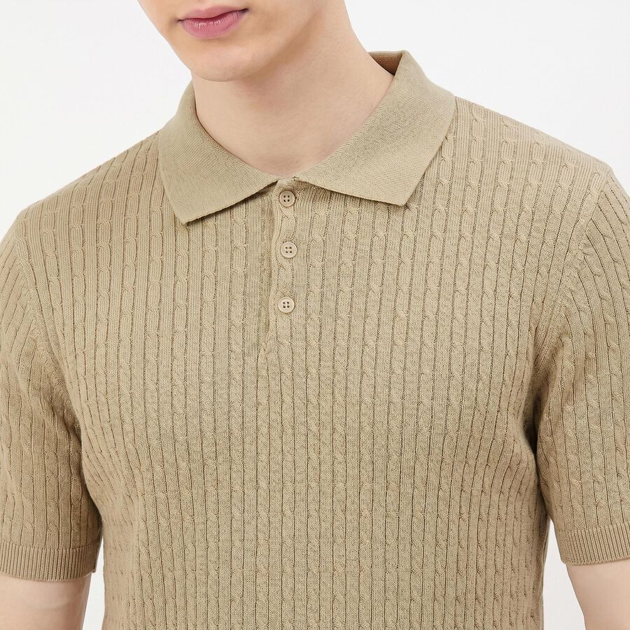 Men Beige Cotton Polo Neck Polo T-Shirt, Beige, large