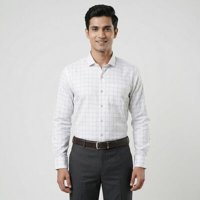 Men's Light Grey Checkered Spread Collar Formal Shirt