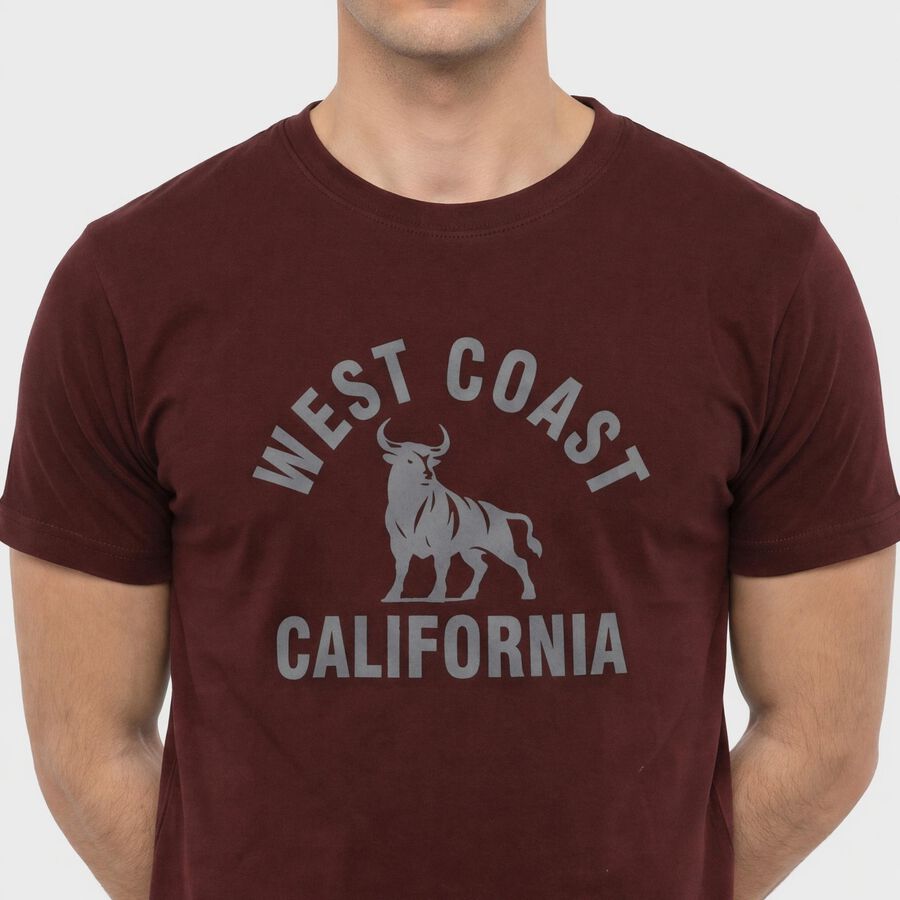 Men's Wine Round Neck Regular Printed T-Shirt, Wine, large