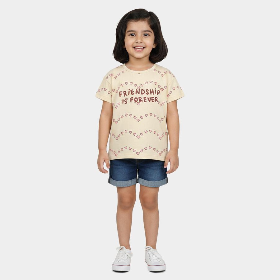 Girls Beige Cotton Round Neck Regular T-Shirt, गहरा पीला, large