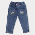 Infants' Stonewashed Blue Elasticated Jeans With Floral Embroidery, Dark Blue, small image number null