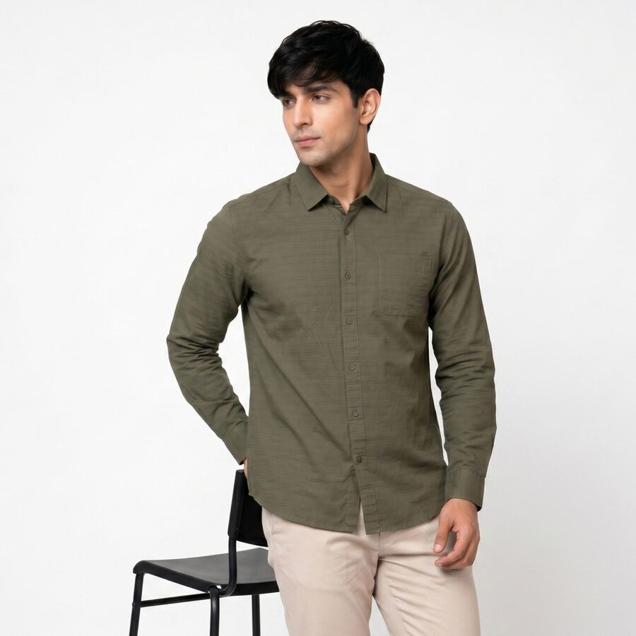 Men's Olive Green Casual Shirt, ओलिव, large