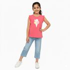 Girls Bright Coral Pink Cotton Round Neck Casual Sleeveless T-Shirt, Pink, small image number null