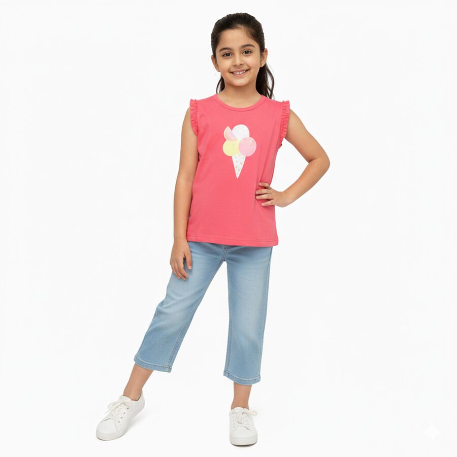 Girls Bright Coral Pink Cotton Round Neck Casual Sleeveless T-Shirt, Pink, large image number null