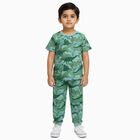 Boys Muted Sage Green Round Neck Cartoon Print Night Suit, ओलिव, small image number null