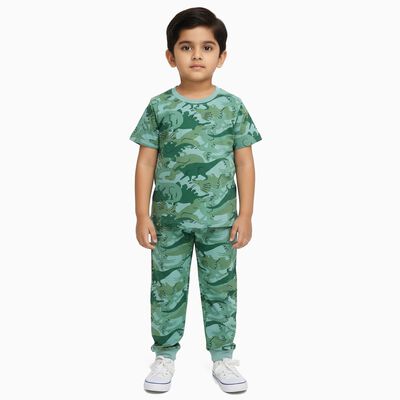 Boys Muted Sage Green Round Neck Cartoon Print Night Suit