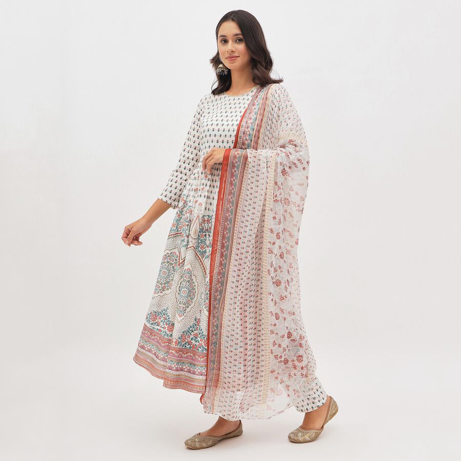Women's Soft Ivory White Floral Printed Ethnic Set, Light Blue, large image number null