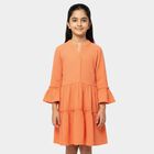 Girls' Orange Round Neck Textured Fit and Flare Dress, Orange, small