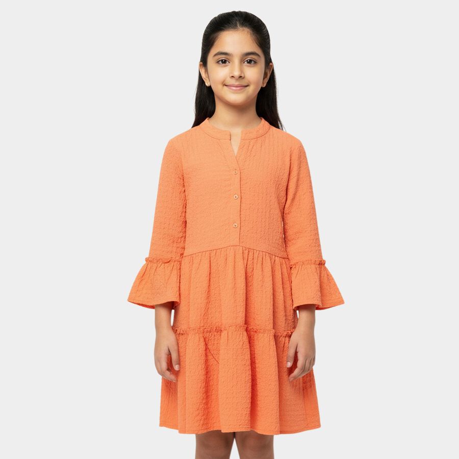 Girls' Orange Round Neck Textured Fit and Flare Dress, Orange, large