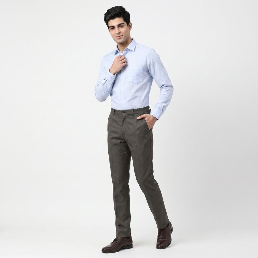 Men's Grey Slim Fit Textured Formal Trousers, गहरा ग्रे, large