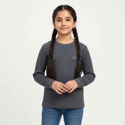 Girls Muted Charcoal Blue Round Neck Thermal