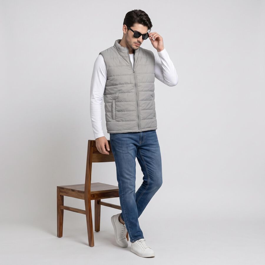 Men's Grey Stand Collar Puffer Jacket, Light Grey, large