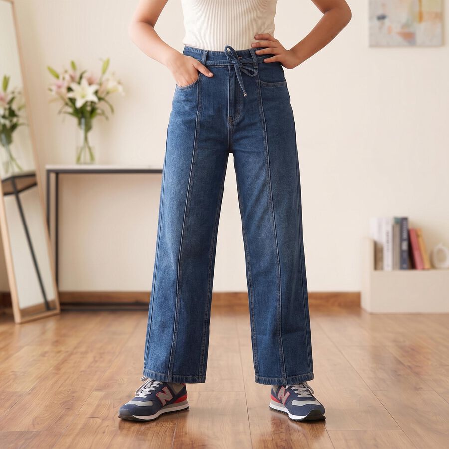 Girls' Blue Wide Leg Tie-Up Jeans, Melange Blue, large
