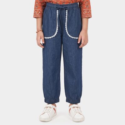 Girls Blue Jogger Fit Lace Trim Jeans