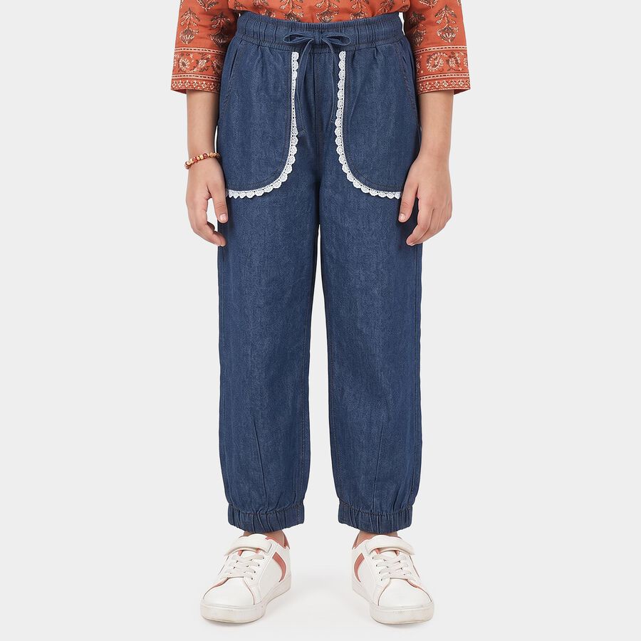 Girls Blue Jogger Fit Lace Trim Jeans, गहरा नीला, large