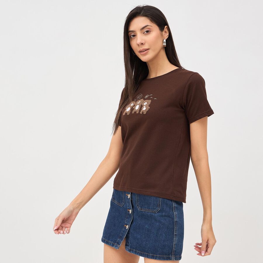 Women's Rich Chocolate Brown Cotton Round Neck T-Shirt, Brown, large image number null