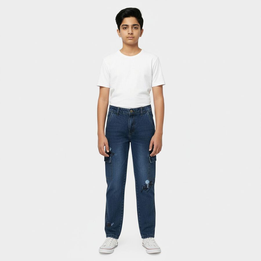 Boys' Blue Regular Fit Elastic Waist Jeans, Mid Blue, large
