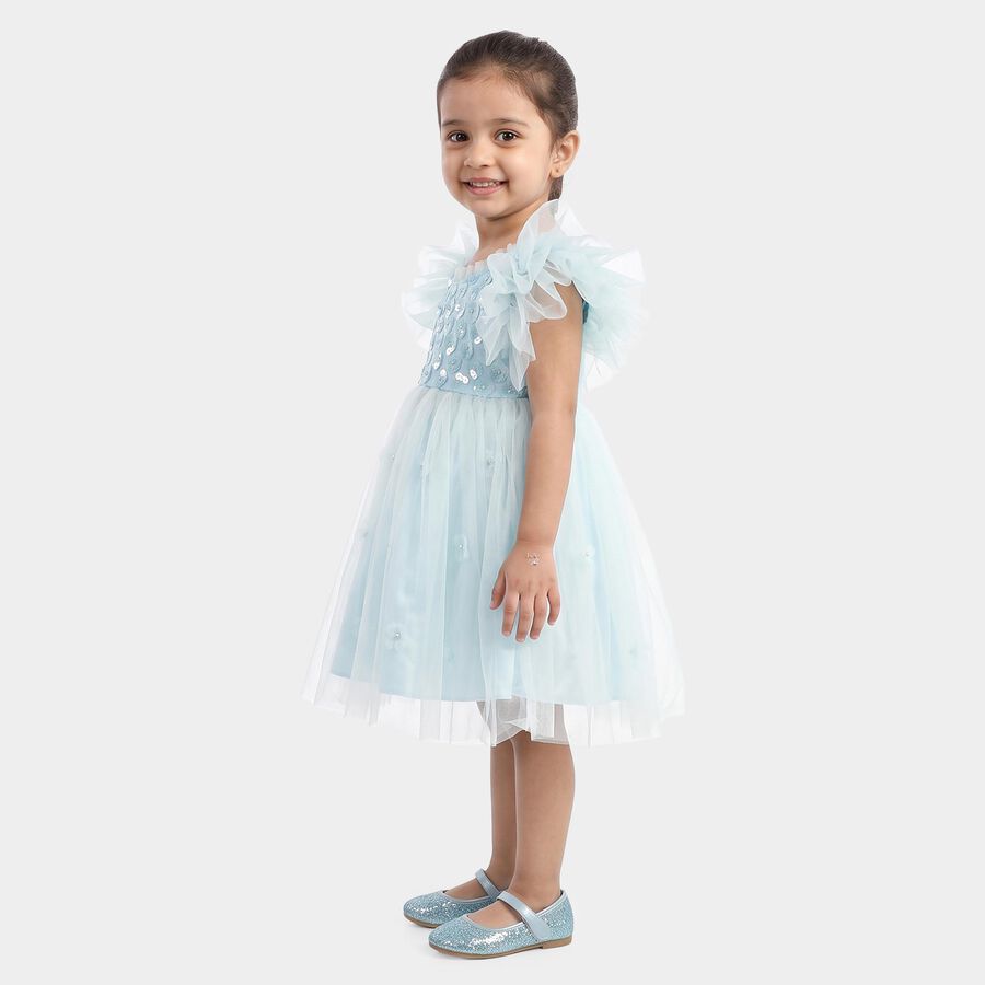 Girls' Light Blue Fit and Flare Sequin Applique Party Wear Frock, Light Blue, large