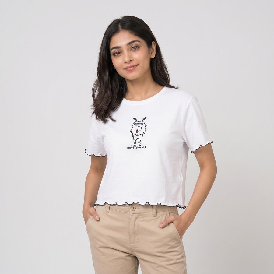 Women's White Cotton Round Neck Crop T-Shirt, सफ़ेद, large