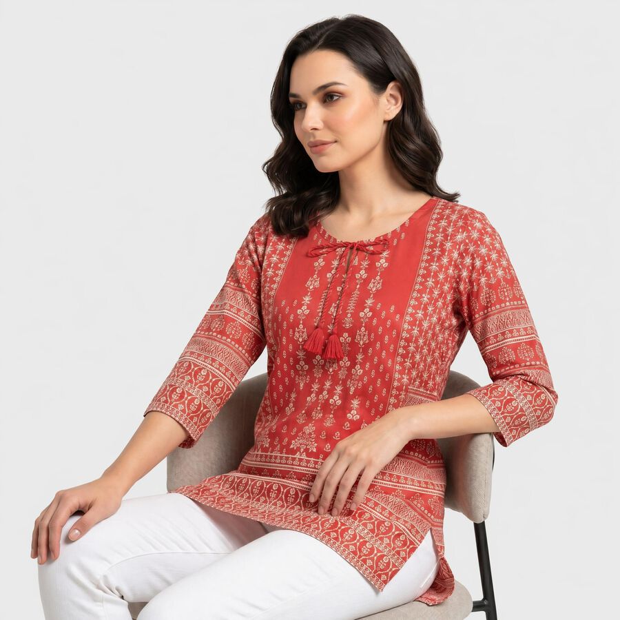 Women's Coral Round Neck Printed Straight Kurti, Coral, large